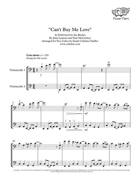 Cant Buy Me Love Arr Sarah Cellobat Chaffee Sheet Music The Beatles Cello Duet