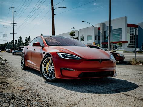 Satin Red Tesla Model S Plaid Up Wheels Carbon Fiber Bbk