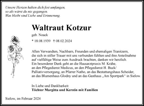 Traueranzeigen Von Waltraut Kotzur Lr Online Trauer De