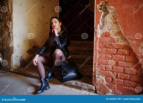 Stylish Brunette Girl Wear On Leather Jacket Stock Photo Image Of