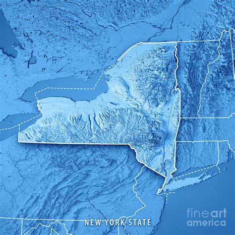 New York State USA 3D Render Topographic Map Blue Border Digital Art By