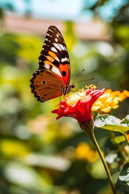 Una Mariposa En Girasol Con Fondo Borroso Imagen De Stock Natural De Un