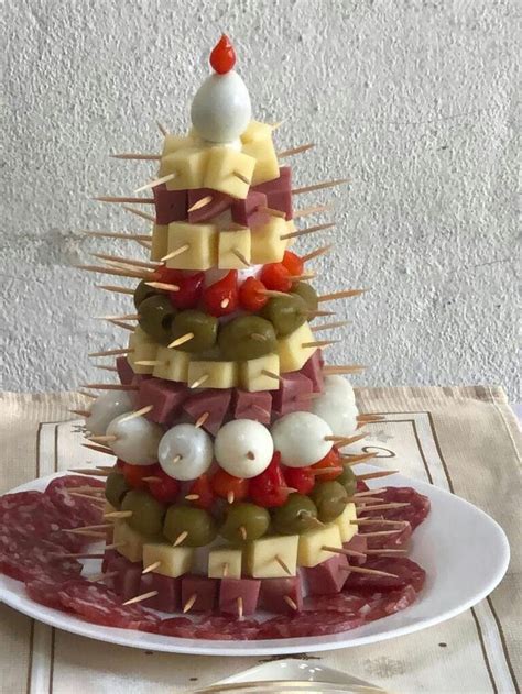 A Christmas Tree Made Out Of Different Types Of Cheese And Meats On A Plate