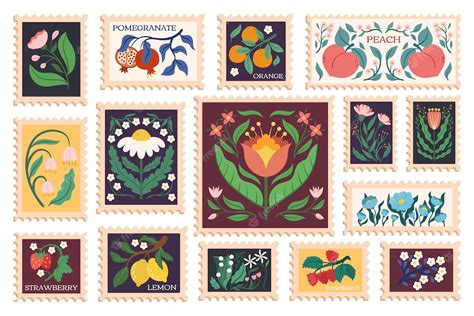 Premium Vector Set Of Postal Stamps With Flowers Fruits And Berries