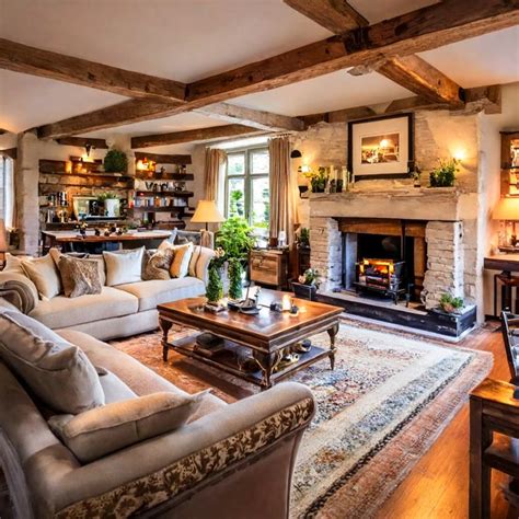 English Cottage Home Big Living Room Decor With Big Fireplace