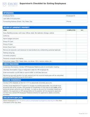 Fillable Online Hr Emory Supervisor S Checklist For Exiting Employees