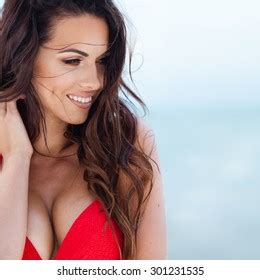 Sexy Brunette Girl Red Swimsuit Posing Stock Photo Shutterstock