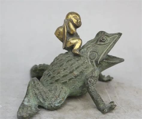 7 Chinese Folk Feng Shui Bronze Gilt Tong Zi Boy Kid Ride Toad Statue