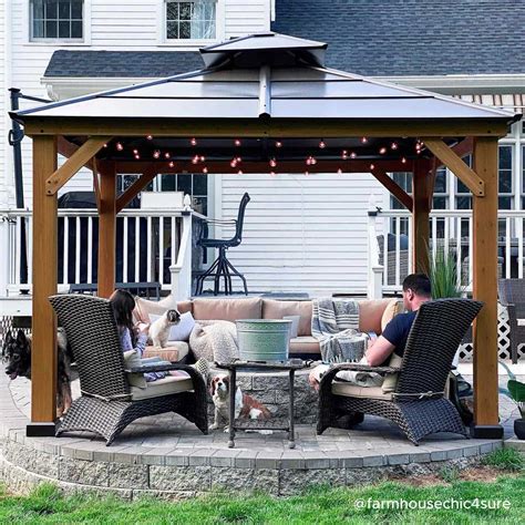 Sunjoy Outdoor Patio 11x11 Brown 2 Tier Wooden Frame Backyard Hardtop Gazebo With Ceiling Hook