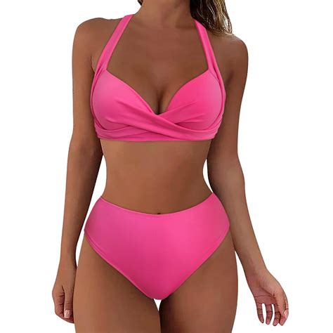 IDALL Bikini Sets Bathing Suit Lady High Waist Halter Neck Solid Color