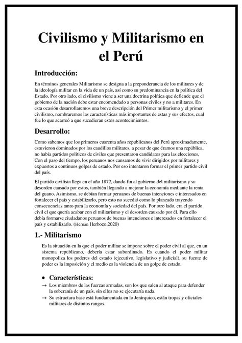 Militarismo y Civilismo en el Perú Grupo 3 Civilismo y Militarismo en