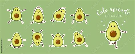 Cute kawaii avocado stickers. Set of doodle fruit on green background. Trendy decor for notebook ...