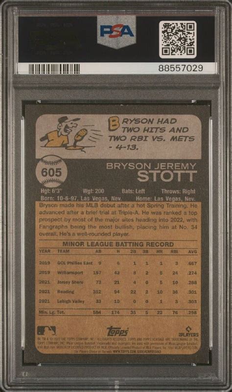 Topps Heritage Bryson Stott Rc Rookie Phillies Graded Psa