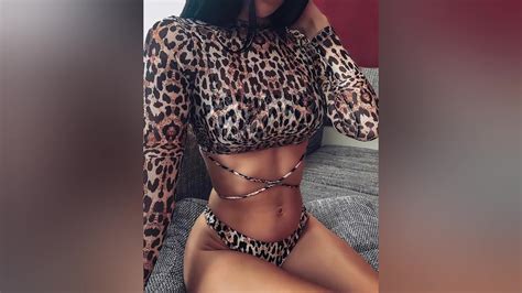 Sexy Leopard Print Three Piece Bikini Long Sleeved High Waist Bikini