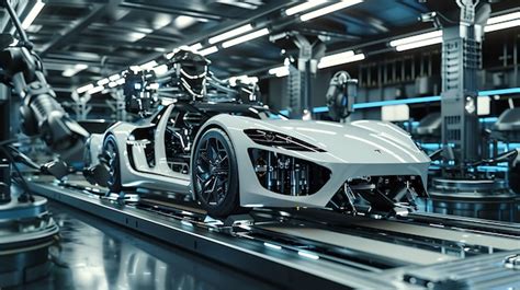 Futuristic Car Manufacturing Robots Building a White Sports Car in a ...