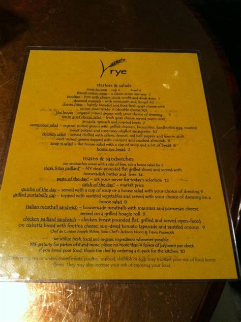 Menu at rye pub & bar, Eugene