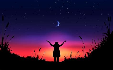 Premium Vector | Fantasy night nature background with a girl under the moon