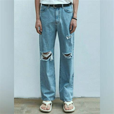 Jual Celana Jeans Sobek Pria Ripped Jins Denim Standar Reguler Basic