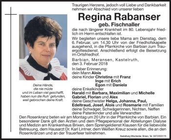 Traueranzeigen Von Regina Rabanser Trauer Bz