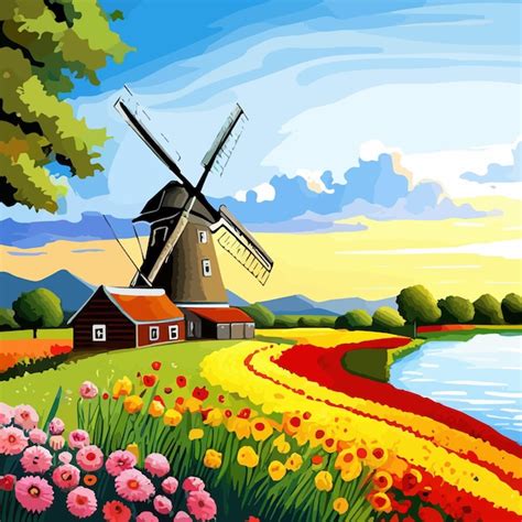 Premium Vector | Landscape with tulips traditional dutch windmills in netherlands europe against ...