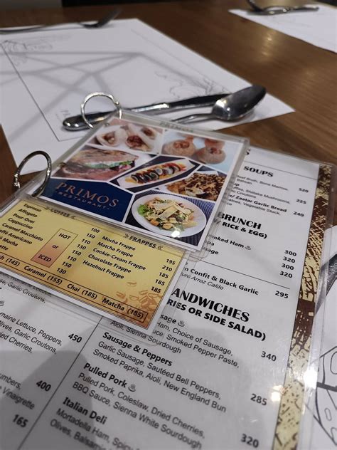 Menu at PRIMOS restaurant, Bacolod
