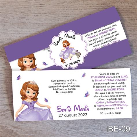 Invitatii Botez Cu Eticheta Si Plic Mov Printesa Sofia Ibe