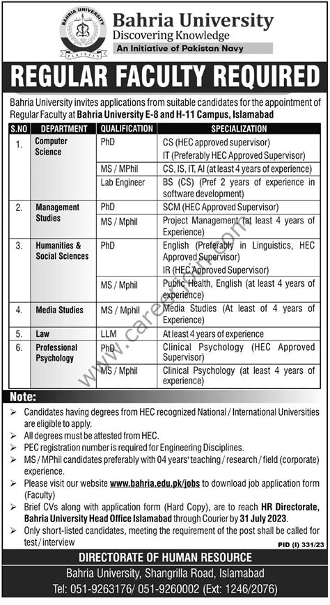 Bahria University Jobs July 2023