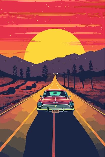 Illustration D Une Voiture Roulant Sur La Route Au Coucher Du Soleil