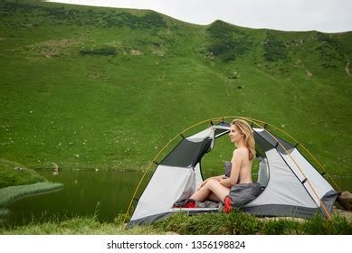 Side View Attractive Naked Woman Hiker Stock Photo 1356198824