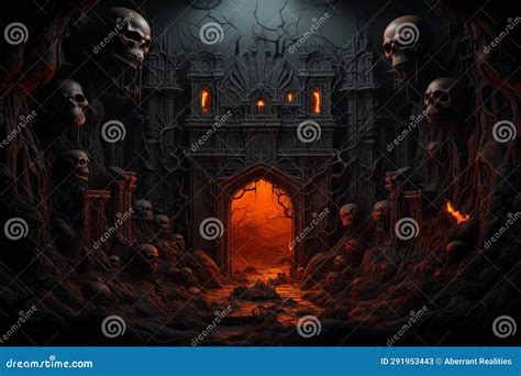 The Entrance To A Dark Cave With Skulls And Skulls Stock Illustration