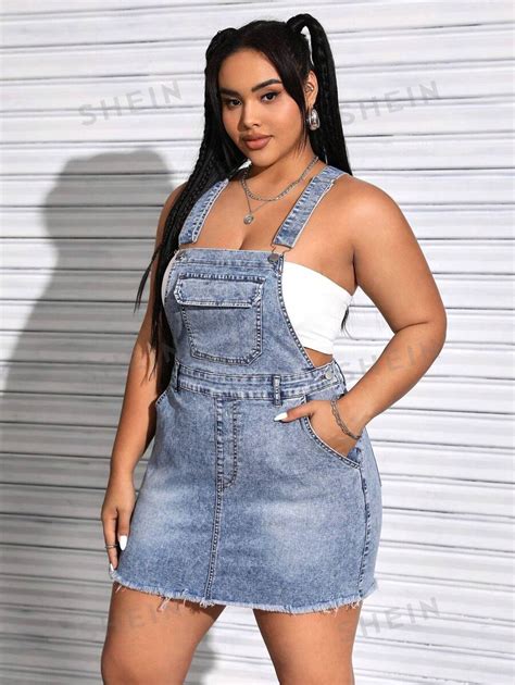 Shein Ezwear Plus Size Washed Denim Pinafore Dress With Slanted Pockets