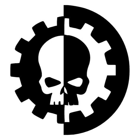 a black and white image of a skull inside a gear wheel