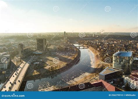 Beautiful Vilnius City Panorama in Winter. Aerial Sunset View. Winter City Scenery in Lithuania ...