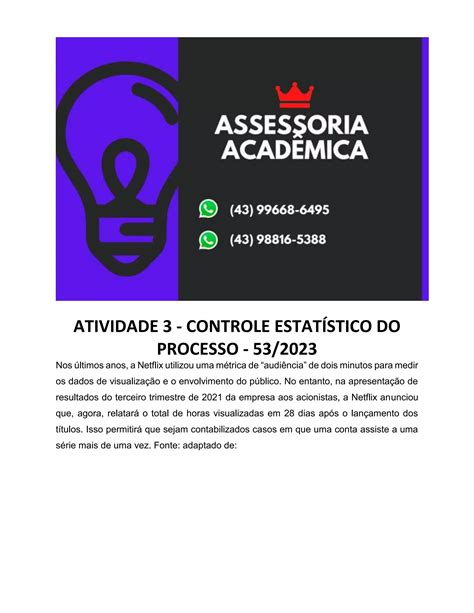 Atividade 3 Controle EstatÍstico Do Processo 53 2023docx