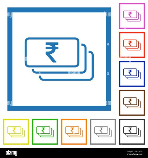 Indian Rupee Banknotes Outline Flat Color Icons In Square Frames On