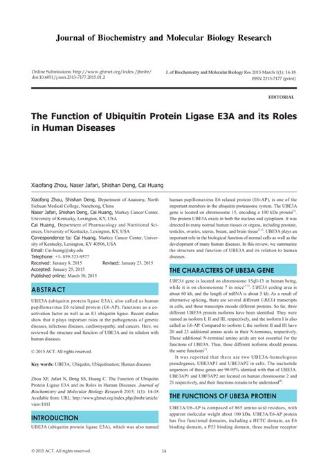 (PDF) The Function of Ubiquitin Protein Ligase E3A and its Roles in ...