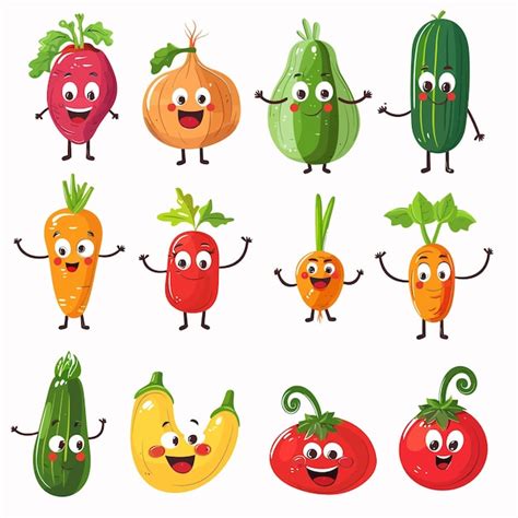 Vegetables y personajes de dibujos animados y frescos y orgánicos