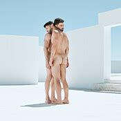 Naked Statue Art Deco And Men Embrace In Open Space Architecture In The Nude Outdoor Live