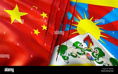 China And Tibet Flags With Scar Concept Waving Flag3d Rendering