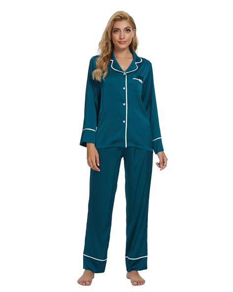 Mintlimit Womens Silk Satin Pajamas Set Button Down Pjs Floral Long