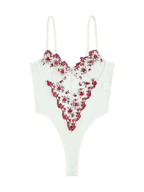 SHEIN FloralLove Lingerie de bodysuit de pelúcia de malha transparente