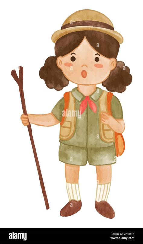 Fille Scout Avec Costume De Randonn E Tenir Scout Stave Peinture