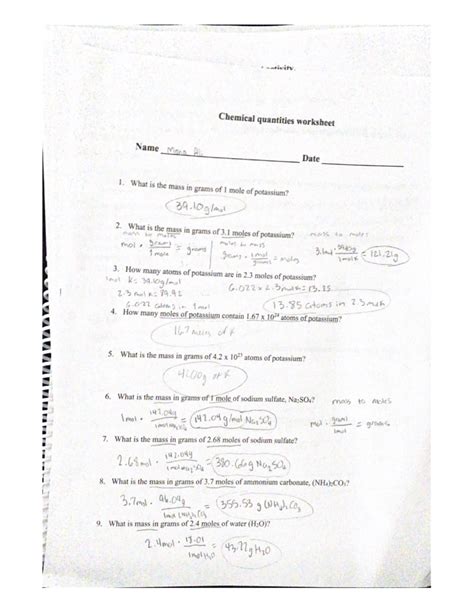 Chemical Quantities Worksheet Chm Studocu