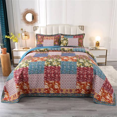 Qucover Floral Patchwork Bedspreads King Size 3 Piece American Style