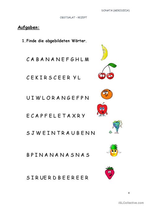 Obstsalat rezept bildwörterbücher Deutsch DAF Arbeitsblätter pdf doc