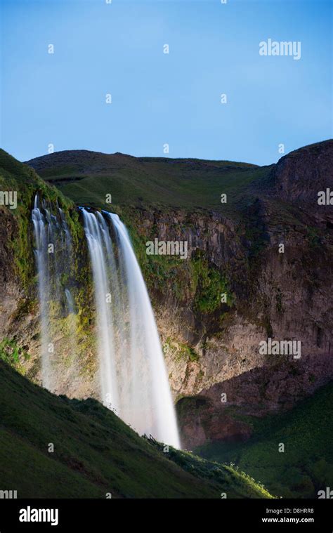 Iceland, southern region, Seljalandsfoss waterfall lit up at night Stock Photo - Alamy