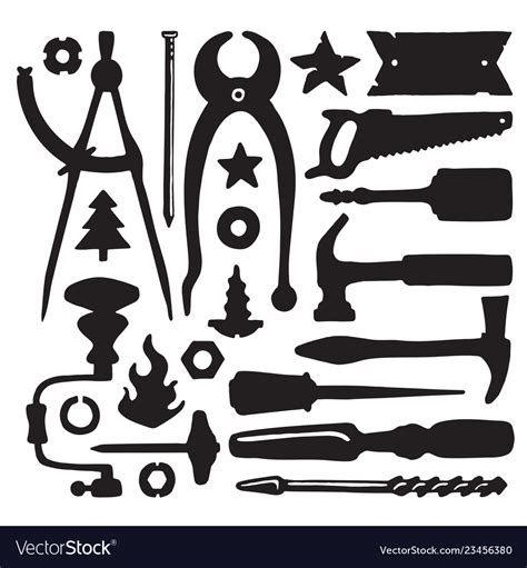 Sketched Carpenter Tools And Symbols Set Vector Image