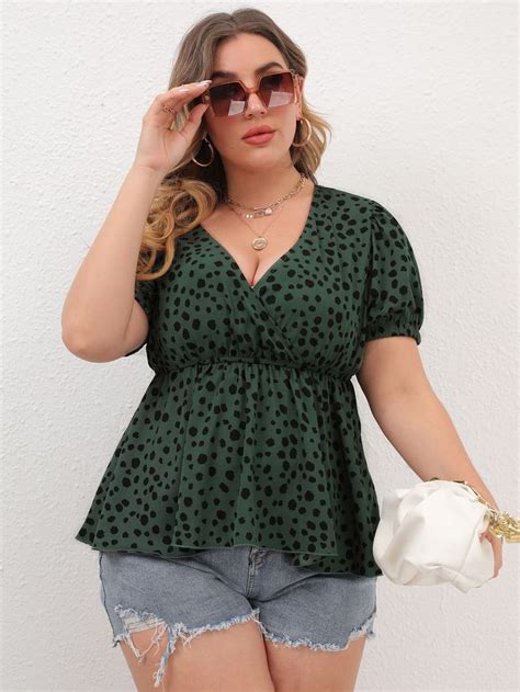 Plus Dalmatian Print Puff Sleeve Peplum Blouse Plus Size Outfits