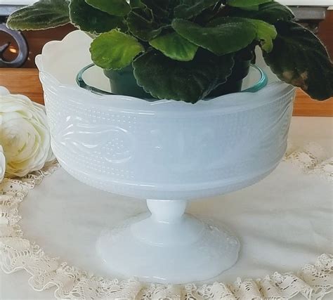 Vintage E O Brody Milk Glass Pedestal Compote Dish Fruit Etsy