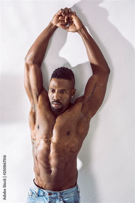 African American Bodybuilder Man Naked Muscular Torso Wearing Jeans